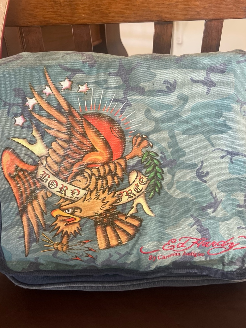 Ed Hardy Blue Camouflage Eagle Tote with Red Sun Accent